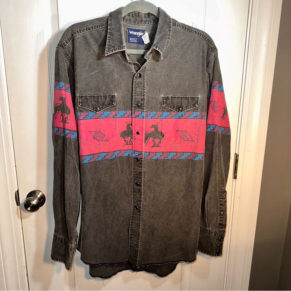 Wrangler Brushpopper Shirt Men 16 1/2 35 XLong Tails Pearl Snap Cowboy Rodeo VTG